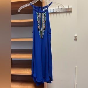 Umgee dress size S, blue with bejeweled accents on front, adjustable tie on neck
